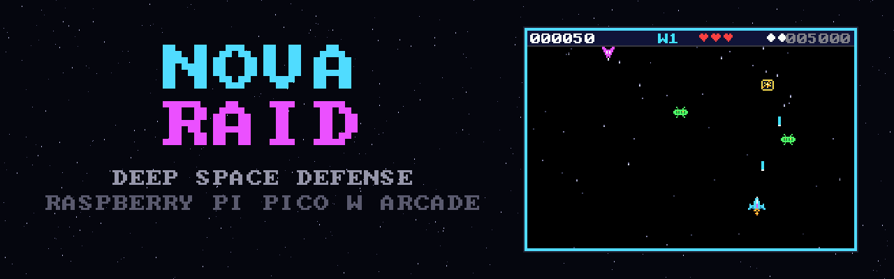 NOVA RAID — pixel-art wordmark next to a framed gameplay capture